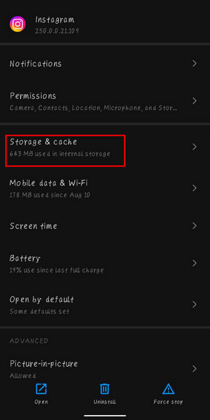 android10-instagram-app-info-storage-&-cache