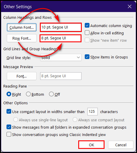 change-column-headings-and-rows-font-size-in-outlook