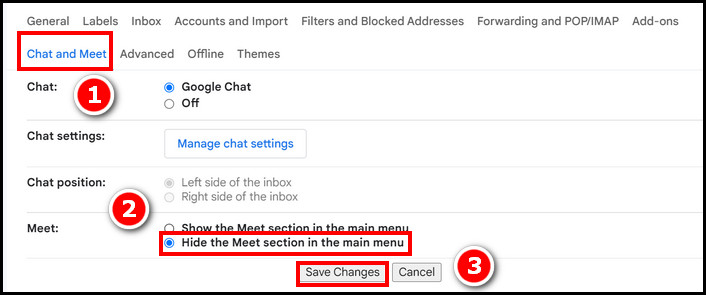chrome gmail settings see all settings chat and meet meet save changes