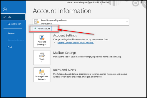click-add-account-on-outlook