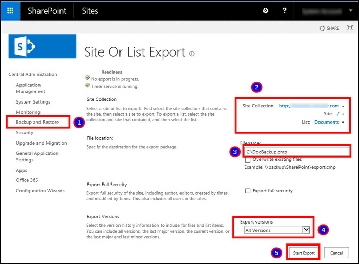 export-site-using-central-administration