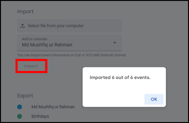 google calendar import button