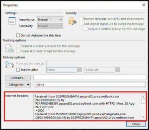 outlook email internet headers blank