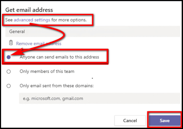 ms-teams-channel-get email-address-advanced-settings