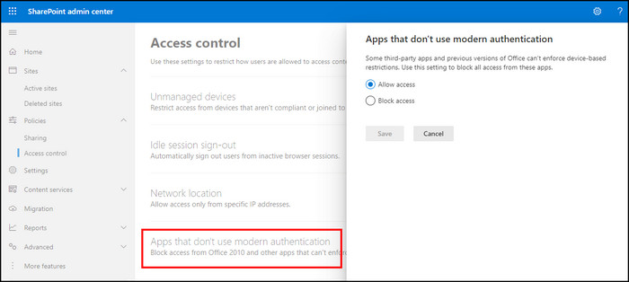onedrive-admin-center-app- that-dont-use-modern-authentication