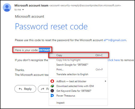 outlook reset password code