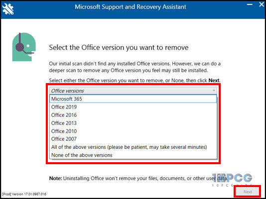 select-office-versions-to-remove-in-sara