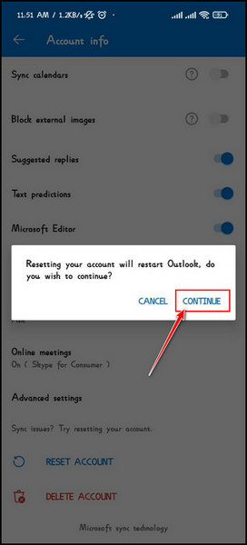 tap-on-continue-to-reset-outlook-account-from-outlook-android-app