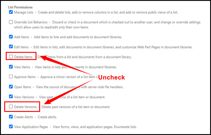 uncheck-delete-items-and-versions