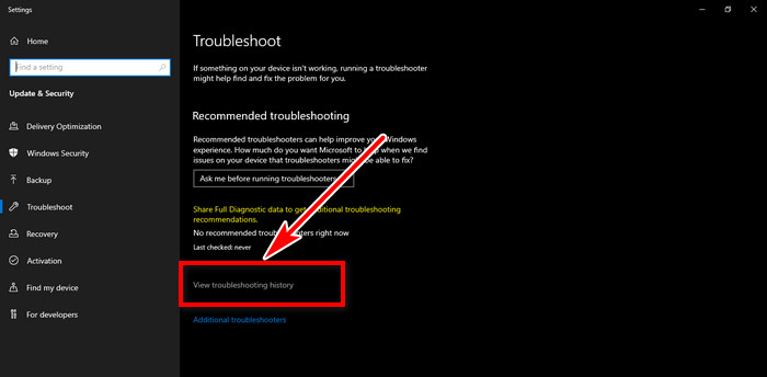 view-troubleshooting-history